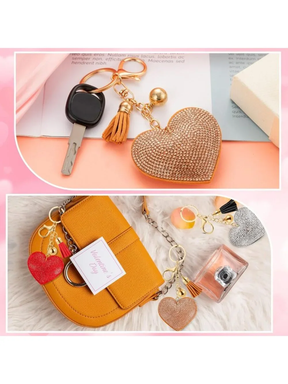 Glitter Crystal Heart Keychain Set - 10 Bling Rhinestone Tassel Handbag Charms